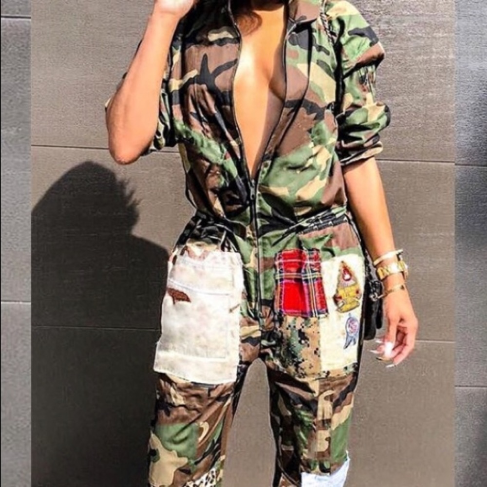 Camo Print Zipper Design Jumpsuit